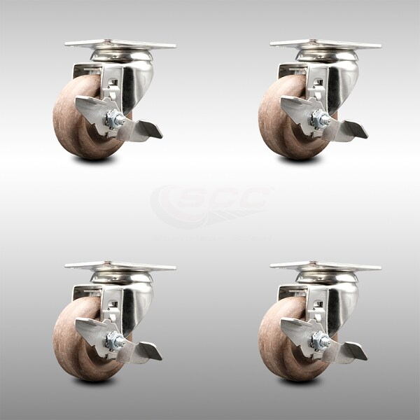 3 Inch 316SS High Temp Glass Filled Nylon Swivel Top Plate Caster Set with Brake